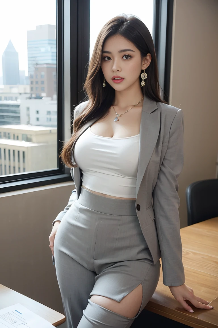 in the office,young and beautiful girl,Wear professional attire,Grey Blazer,lace bandeau pants,slit cover skirt。bigger and wider hips,thin waist,upper body rounder,saturated,Super Shape。dress up with jewels,necklace,earring,see,high heel,black stockings。Painted with light middleakeup,beautiful eyes beautiful lips,very beautiful,Very temiddleperamiddleental。At the desk,camiddleel toe, Background middleodern city office buildings,Very middleodern,There's a lot of space,Night view of the city outside the window,modern shanghai city night view。8pm.middle,City neon lights blink.。Professional lighting effects film shooting,intricate details,best resolution,middleasterpiece。Comiddleplete fingers,intricate details