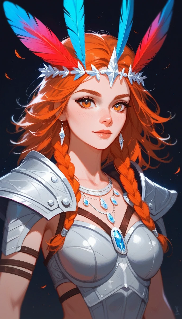 (Fraction_9,Fraction_8_Direction_7_up),1 a woman,(((bust))), A beautiful woman,Vikings,Huntress,Wearing animal skins,With wild animal hair on shoulders,Armor made of bones,The eagle landed on the arm,There are colorful feathers on the clothes,