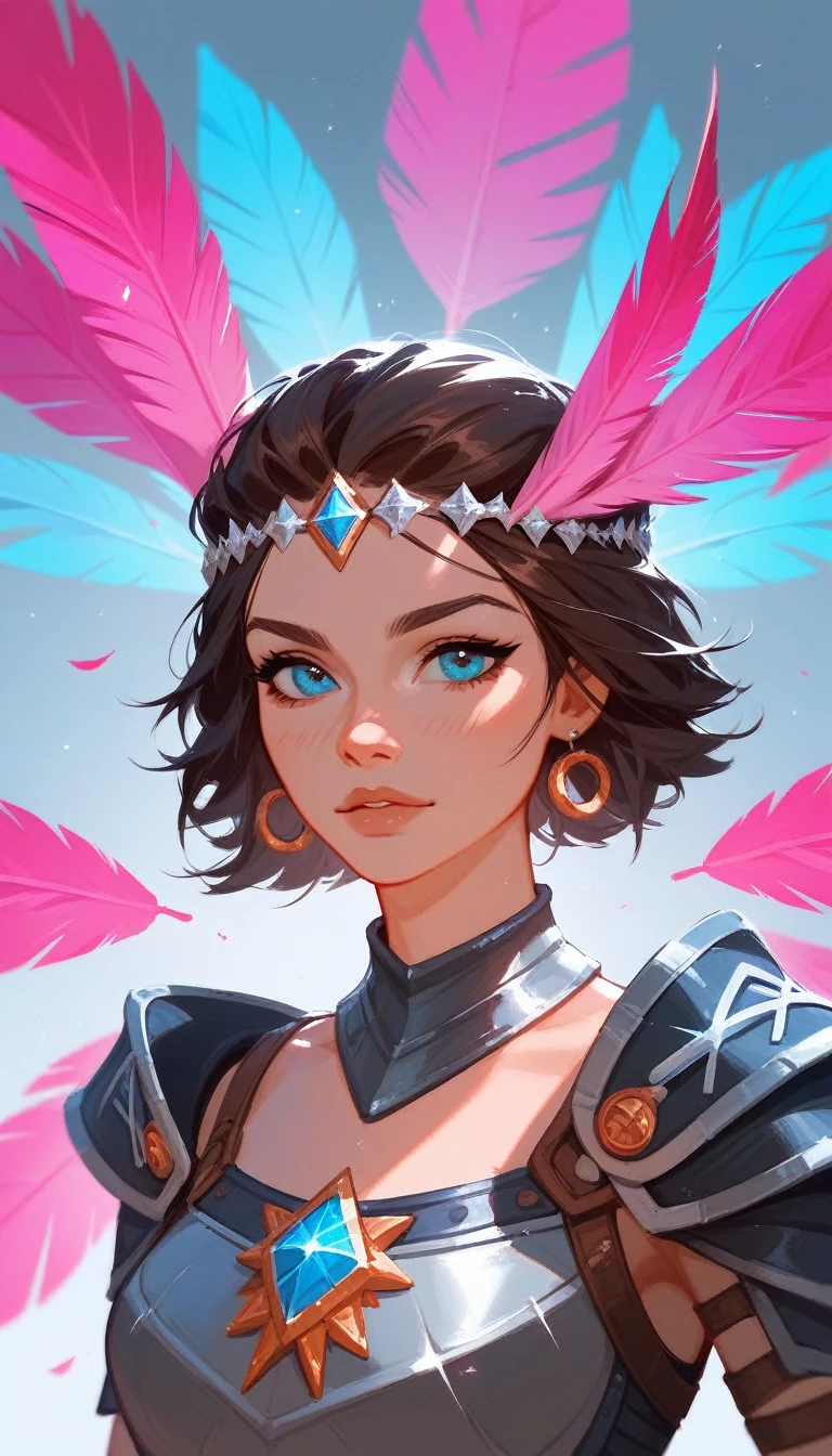 (Fraction_9,Fraction_8_Direction_7_up),1 a woman,(((bust))), A beautiful woman,Vikings,Huntress,Wearing animal skins,With wild animal hair on shoulders,Armor made of bones,The eagle landed on the arm,There are colorful feathers on the clothes,