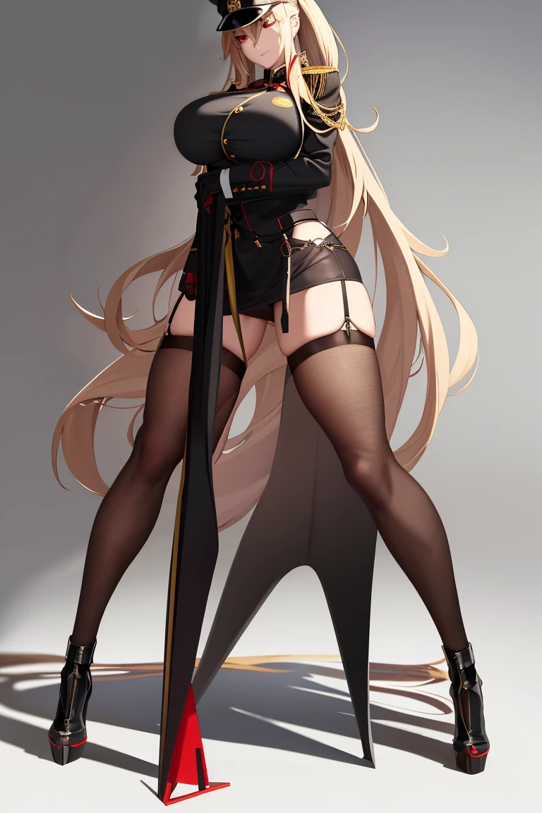 A woman，Long blond hair，Red eyes，Wear a black military cap，Wearing a black bikini，Long legs，Nipple protrusion，Twenties，exposed，Black high heels，Huge breasts，超级Huge breasts，Standing