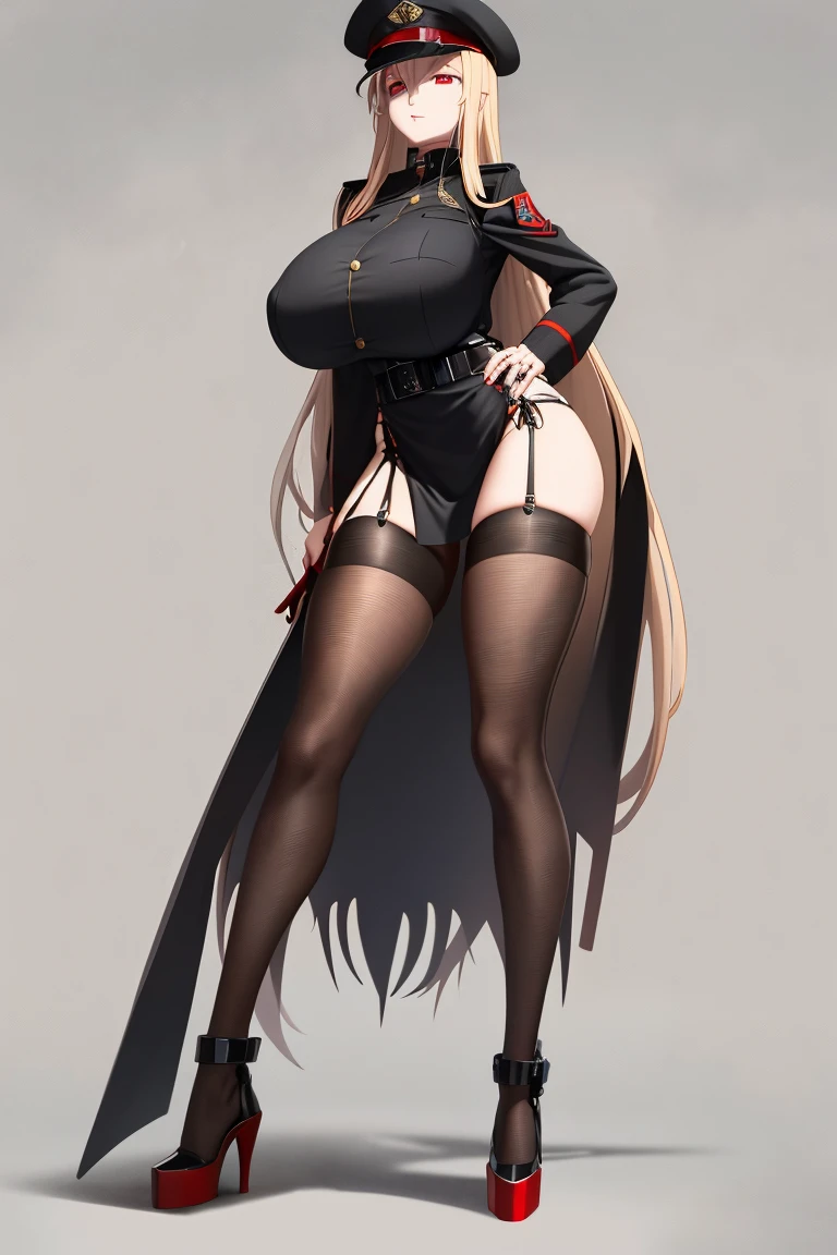 A woman,Long blond hair,Red eyes,Wear a black military cap,Wearing a black bikini,Long legs,Nipple protrusion,Twenties,exposed,Black high heels,Huge breasts,超级Huge breasts,Standing
