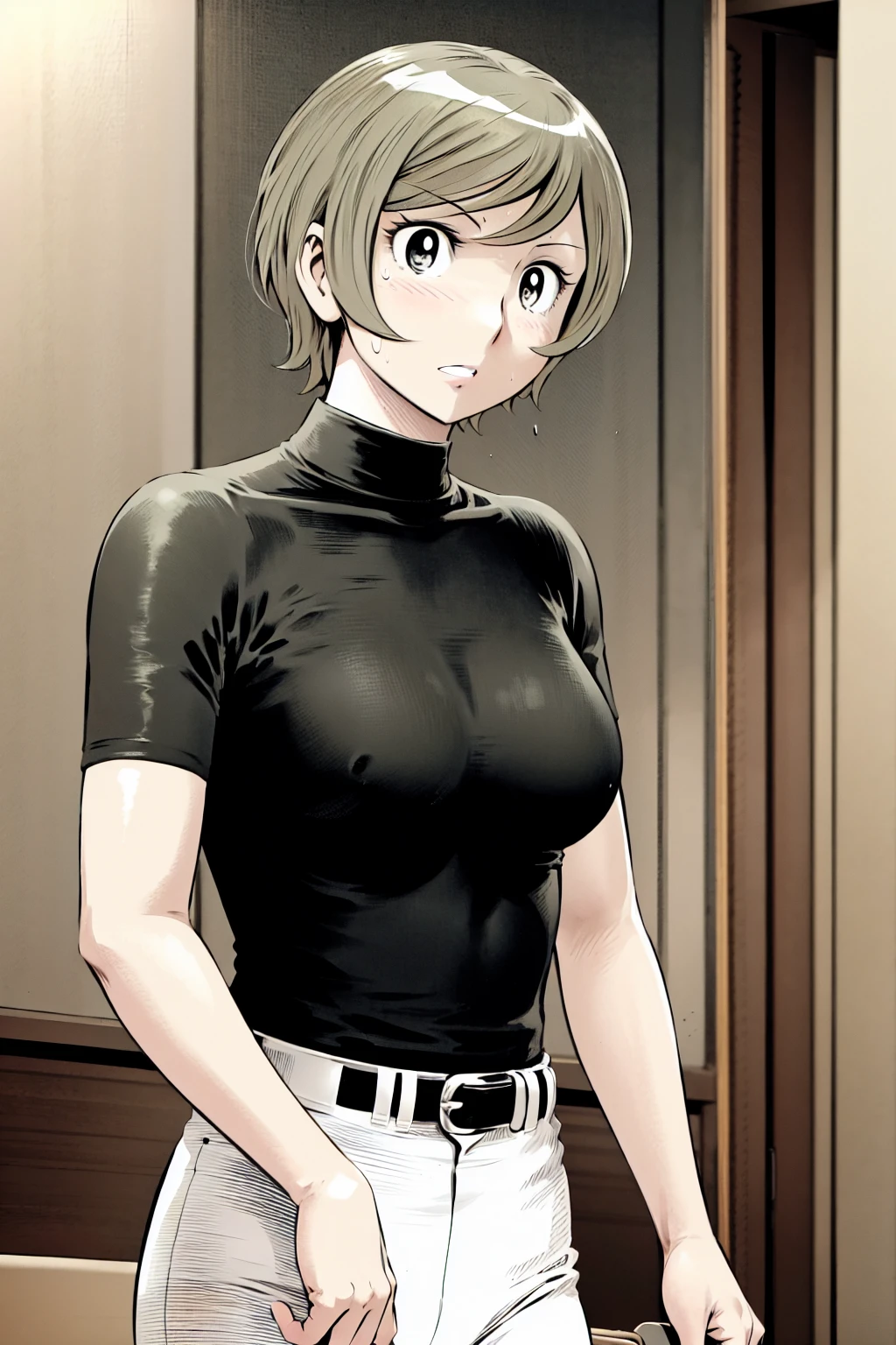 、(masterpiece、Highest quality)、Highest quality, Ultra-high resolution, (((masterpiece))), alone, Sweat、Big eyes,Tight black shirt、Tight white pants、belt、indoor、Composition from the front、（Cut the back hair short、short hair、blonde、woman）、Shortcuts、Embarrassed face、Cut your hair short、可愛いwomanの子、Big Breasts、office