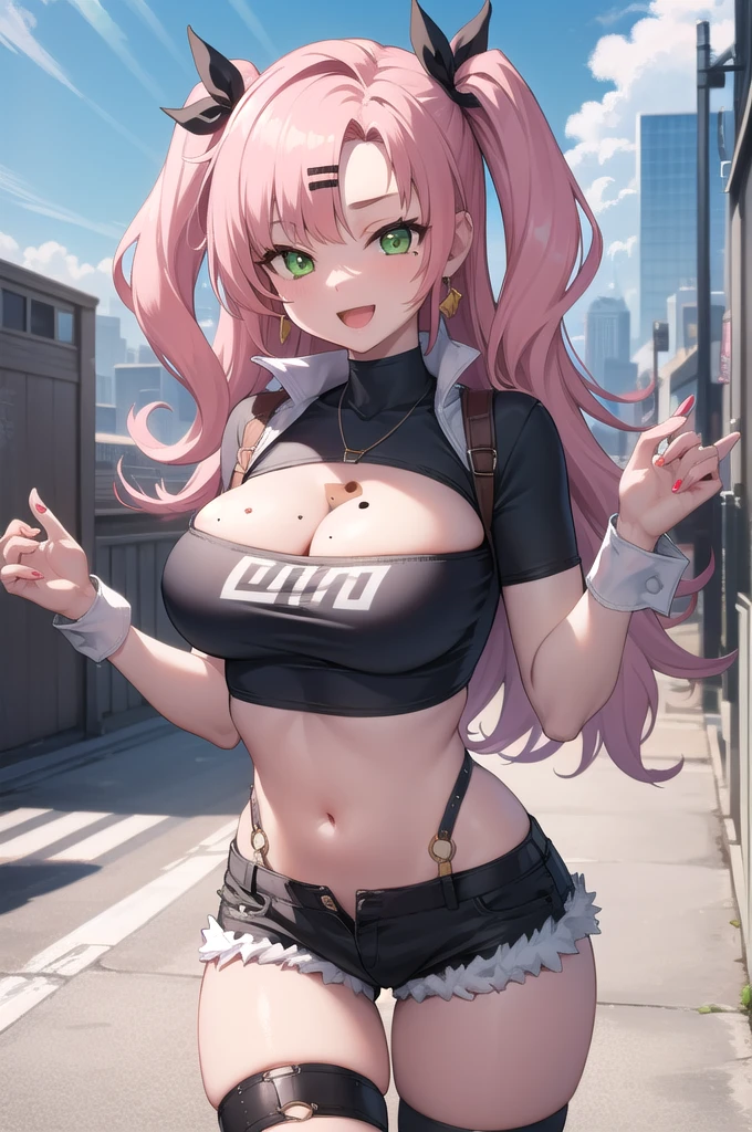 nicoledemara, nicole demara, (green eyes:1.5), pink hair, hair ornament, hair ribbon, hairclip, long hair, mole, mole on breast, mole on thigh, mole under eye, two side up, ribbon, smirk, smile, open mouth,
BREAK black footwear, black ribbon, black shorts, black socks, black thighhighs, boots, cleavage, crop top, earrings, jewelry, kneehighs, nail polish, necklace, o-ring, short shorts, shorts, single kneehigh, single sock, single thighhigh, socks, thigh strap, thighhighs, torn clothes, two side up,
BREAK outdoors, city, sky, clouds, sun, buildings, crowd, people, alley,
BREAK looking at viewer, (cowboy shot:1.5),
BREAK (masterpiece:1.2), best quality, high resolution, unity 8k wallpaper, (illustration:0.8), (beautiful detailed eyes:1.6), extremely detailed face, perfect lighting, extremely detailed CG, (perfect hands, perfect anatomy),