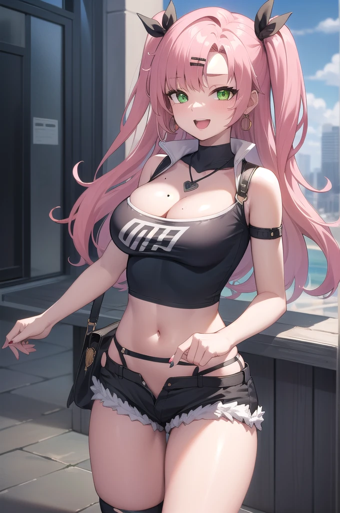 nicoledemara, nicole demara, (green eyes:1.5), pink hair, hair ornament, hair ribbon, hairclip, long hair, mole, mole on breast, mole on thigh, mole under eye, two side up, ribbon, smirk, smile, open mouth,
BREAK black footwear, black ribbon, black shorts, black socks, black thighhighs, boots, cleavage, crop top, earrings, jewelry, kneehighs, nail polish, necklace, o-ring, short shorts, shorts, single kneehigh, single sock, single thighhigh, socks, thigh strap, thighhighs, torn clothes, two side up,
BREAK outdoors, city, sky, clouds, sun, buildings, crowd, people, alley,
BREAK looking at viewer, (cowboy shot:1.5),
BREAK (masterpiece:1.2), best quality, high resolution, unity 8k wallpaper, (illustration:0.8), (beautiful detailed eyes:1.6), extremely detailed face, perfect lighting, extremely detailed CG, (perfect hands, perfect anatomy),