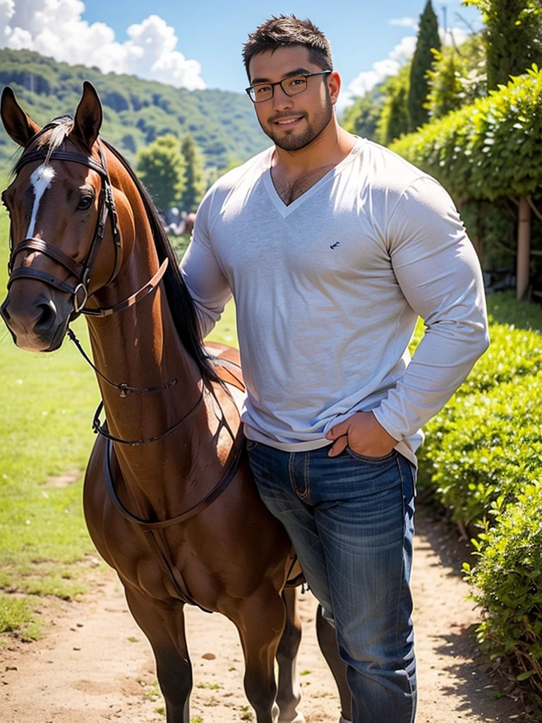 crew cut, (((full body))), (((landscape))), mature man, [slightly fat], asian man, rounded face, brown eyes, ((rounded face)), glasses, balding, 1boy, Solo, (big shoulders), (((stubbles, Short beard))), riding a horse, casual clothes,