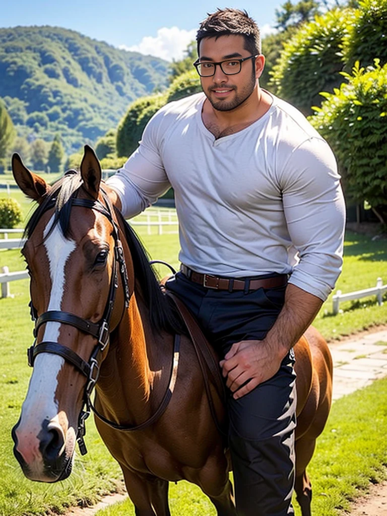 crew cut, (((full body))), (((landscape))),  man, [slightly fat], asian man, rounded face, brown eyes, ((rounded face)), glasses, balding, 1boy, Solo, (big shoulders), (((stubbles, Short beard))), riding a horse, casual clothes,