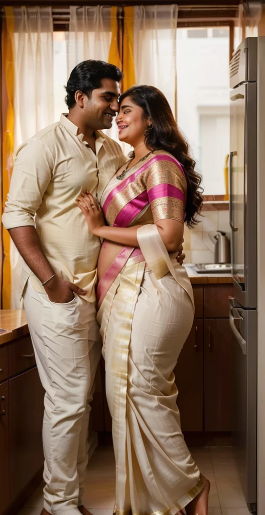 A radiant, full-figured South Indian plus-sized 30 year old teacher wearing a cream silky saree tenderly hugging and kissing a group of jubilant 20-year-old men in kitchen, captured in a full-body image with vibrant hues and meticulous details.