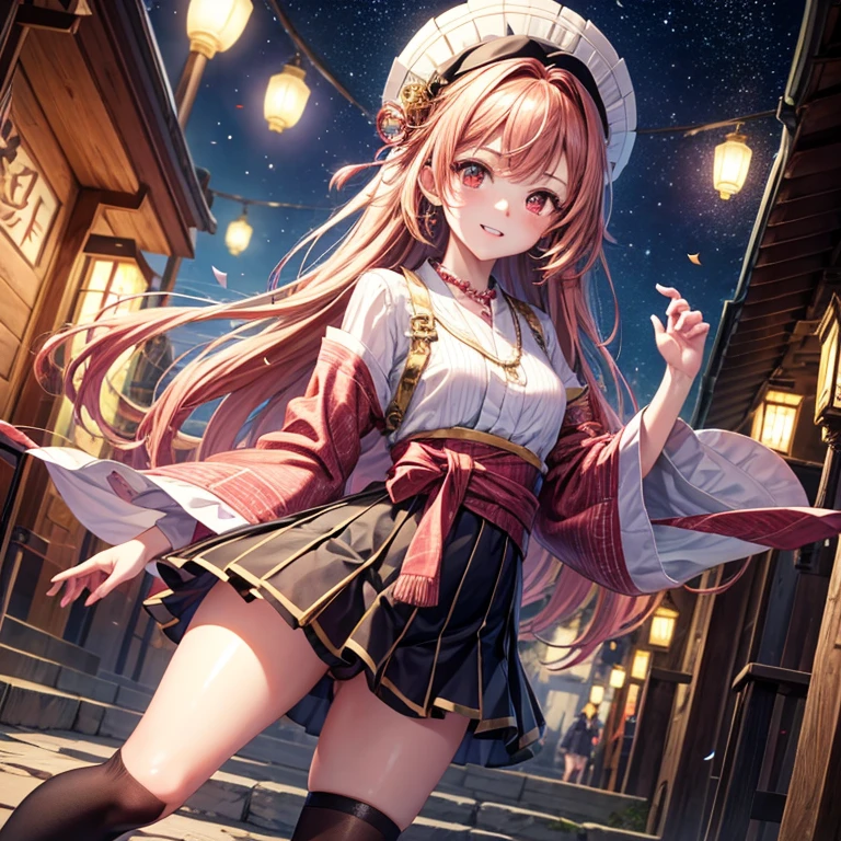 Pink, red, brown, gold, gold hair、Red gold eyes、Hair tied up、One good looking girl、solo、anime、Checkered mini skirt、Ruffles on the skirt、Checked dress、blouse、Kimono、Black knee-high socks、Ribbon、Ribbon on waist、Teeth are visible、Sparkly Necklace、From above、Cobblestones、waterfall、Starry Sky、Midnight Moon、suspension bridge、beam、Standing still、Transparent、Dragon flying、goddess、Edo、Confetti、Kicking、Ancient City、Arranging stones、Uphill