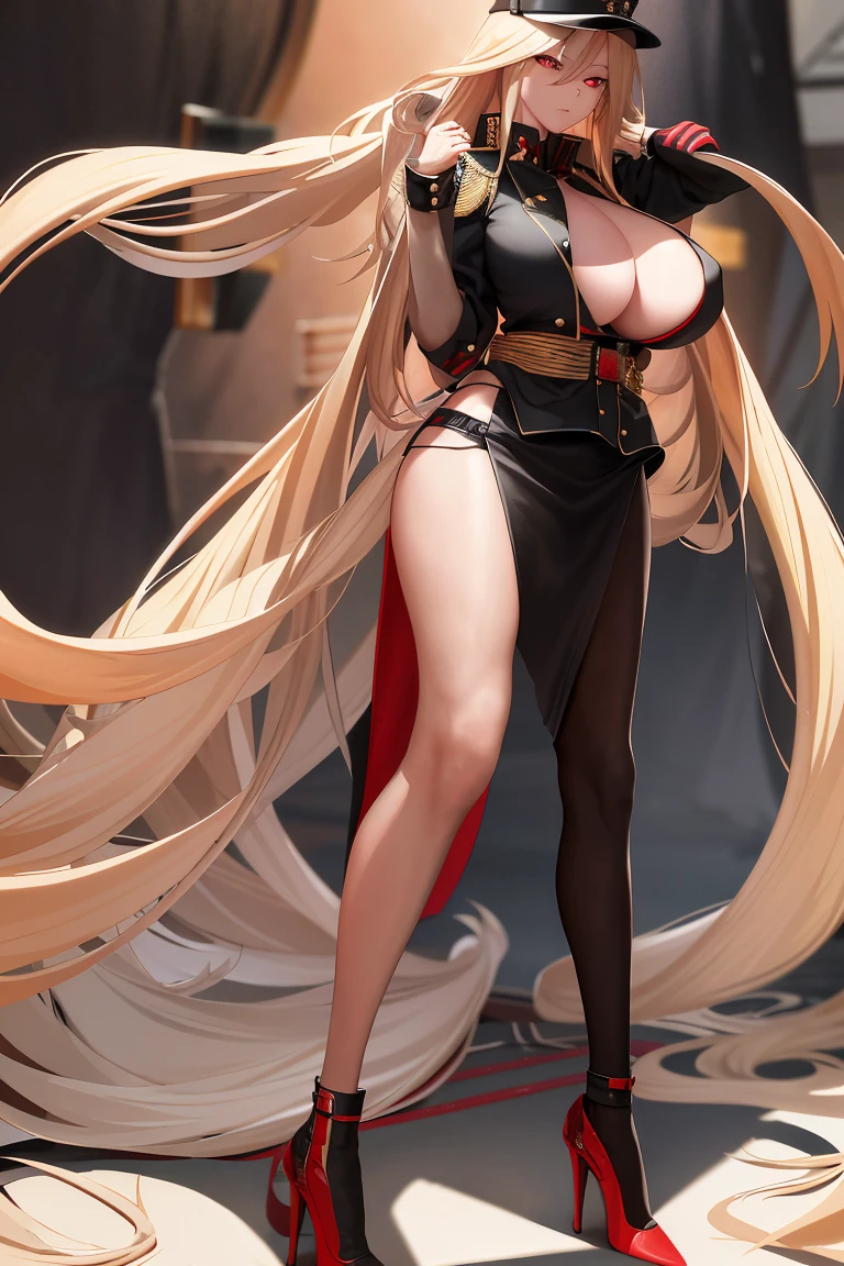 A woman，Long blond hair，Red eyes，Wear a black military cap，Wearing a black bikini，Long legs，Nipple protrusion，Twenties，exposed，Black high heels，Huge breasts，超级Huge breasts，Standing