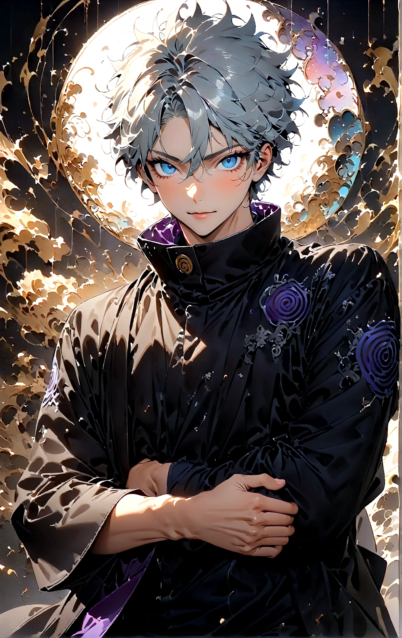 Intricate details,Wide range of colors,artwork,rendering,(masterpiece:1.3),(Highest quality:1.4),(Very detailedな:1.5),High resolution,Very detailed,8K,(1 male,Gojo Satoru,JUJUTSU KAİSEN,Gray Hair)Gojo Satoru,Young people,Be confident々smile,Beautiful Blue Eyes、（The background is blue and purple space）Achieve smooth design