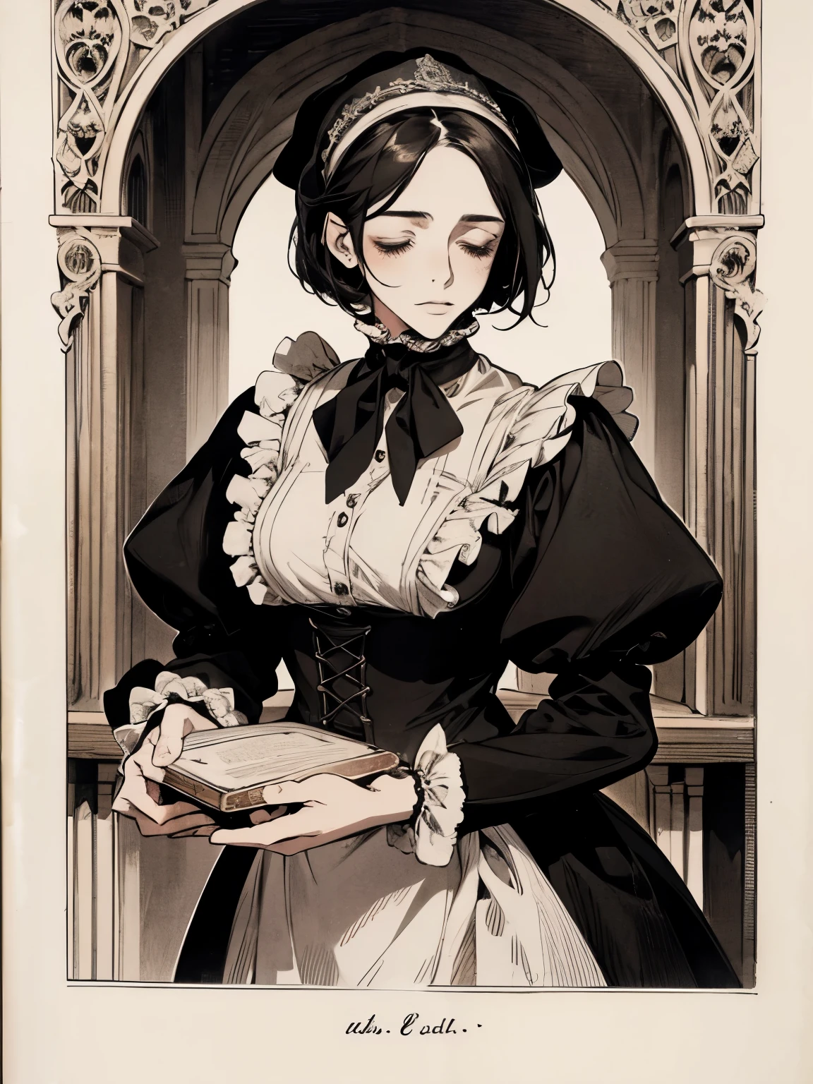 Woman with bob, short black hair, in Victorian maid dress, maid sloppy clothes, with a white scarf on his head, collected hair, Middle Ages, high contrast, 19th century style, reeks of kindness and comfort, Behind her is a large bookshelf, closed eyes, hands closed, serving
