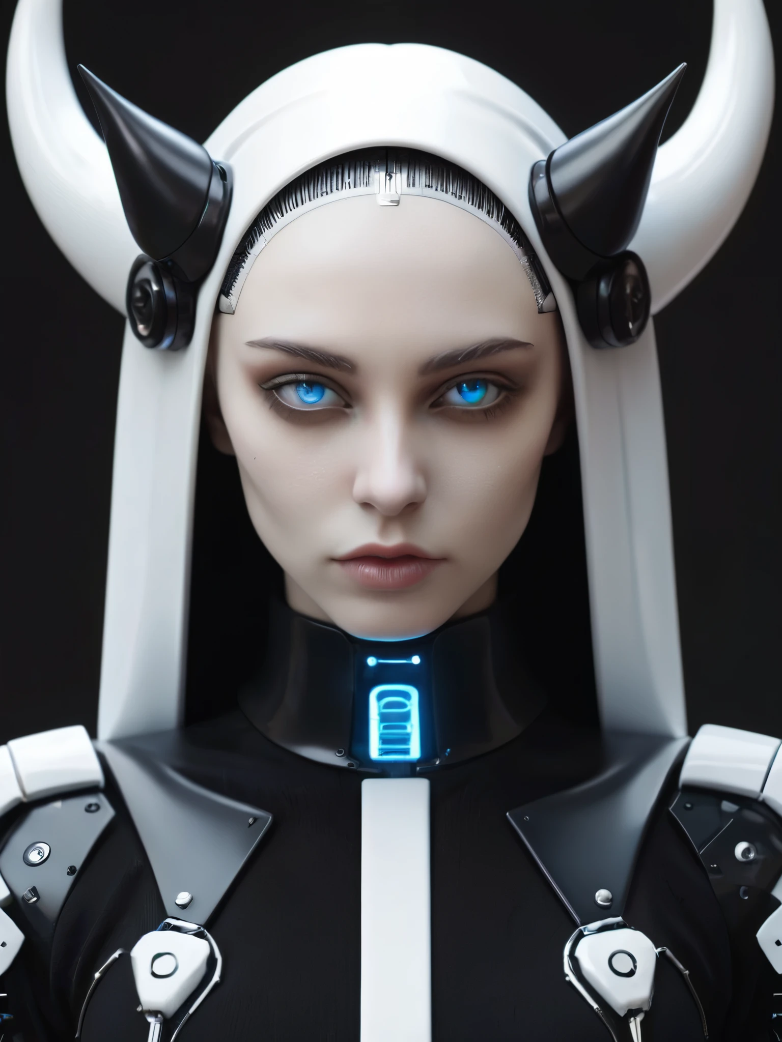 ral-opal, meahophontron, Beautiful robot woman, devil face, Blue eyes, cyberpunk, Ropa Monja is sexy, negro, looking to the camera, nun clothes, cuerpo primer plano looking to the camera, realist, Beautiful woman, cara sexy, black and white clothes.