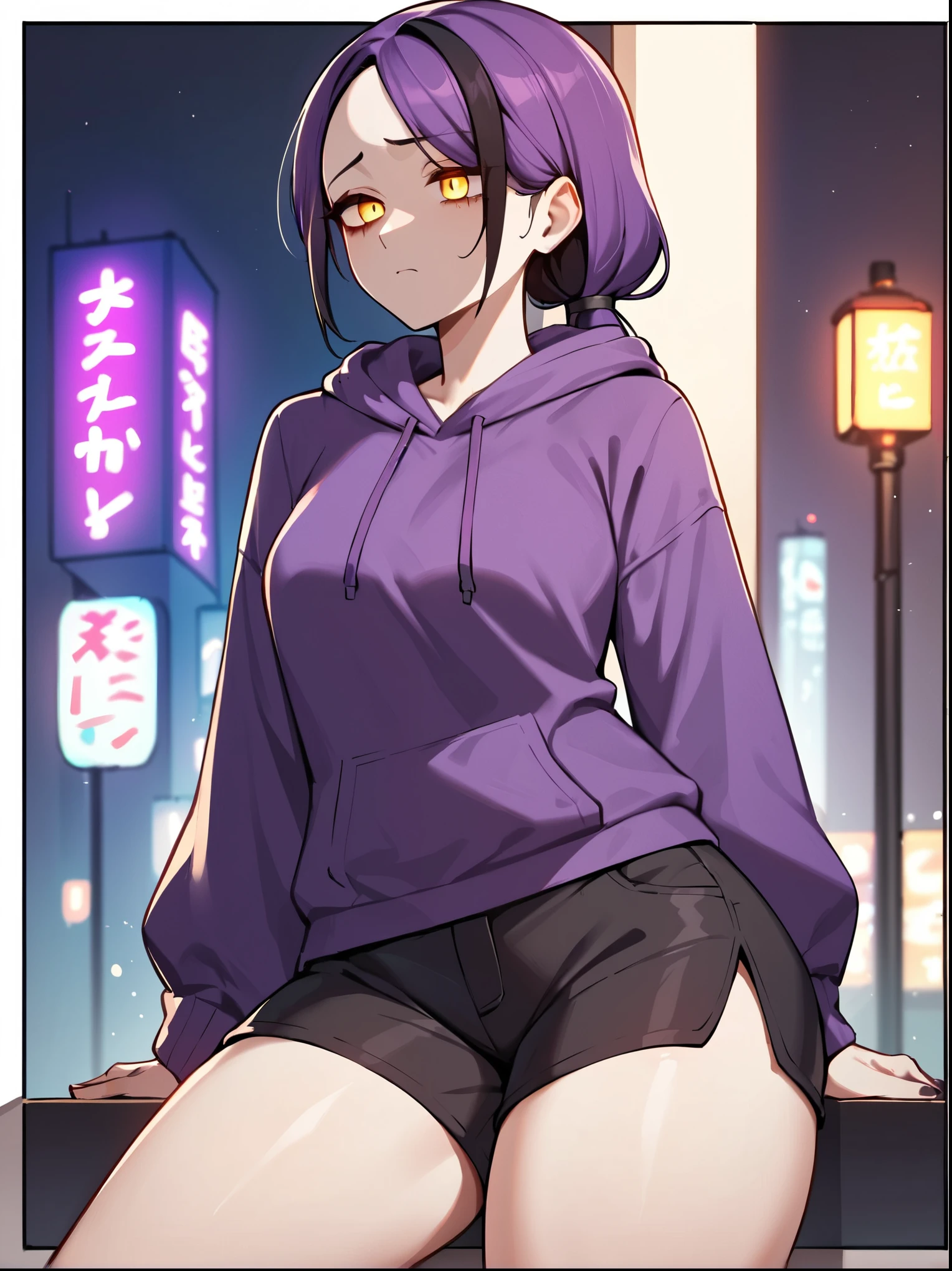 score_9, score_8_up, score_7_up, score_6_up, score_5_up, score_4_up, BREAK source_anime,rating_risky, a girl, thin, pale skin, skinny, tired expression, low ponytail, purple hair, yellow eyes, eye bags, tired expression, purple hoodie, thick thighs, black shorts, tight clothing, bold comic style, city background, purple clothes with black highlights, nighttime, neon lights, hard lighting