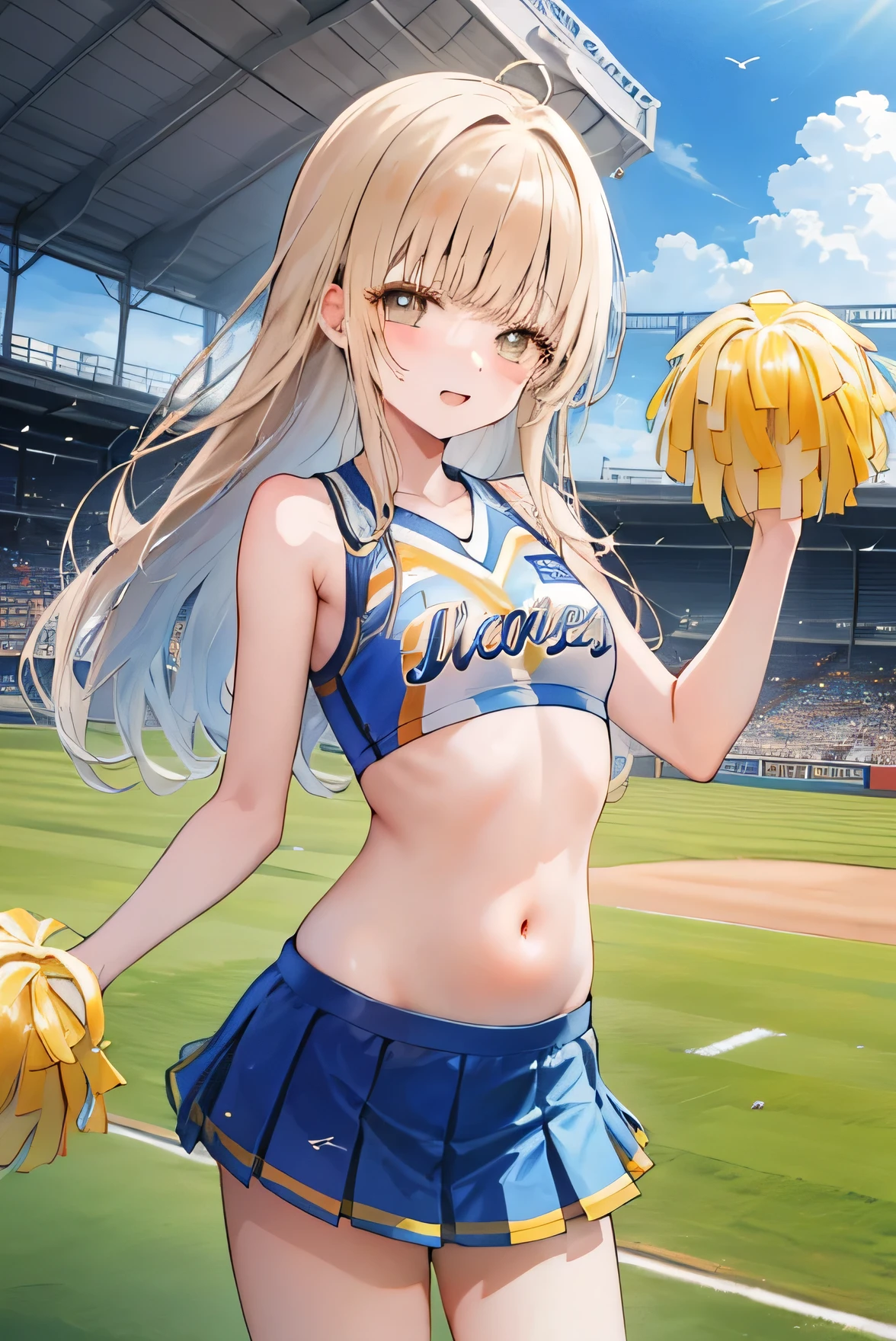 Masterpiece、Anime Coloring、Ultra fine、、Long Hair、Open your mouth wide、Lower Angle、looking at the camera、smile、blush、Watery eye、Parted bangs、((Koshien Stadium))、blue sky、sunny、Small breasts、((Cheerleading Costumes))、Pom-pom、Raise one hand、Belly flicker