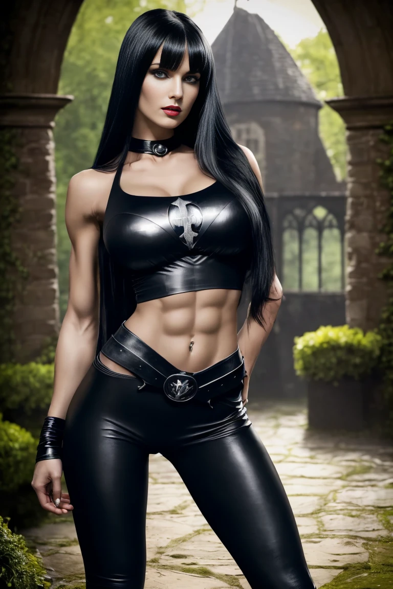 beauty superheroine woman (Long black hair with bangs, thin waist, big breasts, six pack abs, toned legs, biceped, t-shirt, Black leather pants, looking at the audience, dieselpunk, dark gothic castle garden bacground