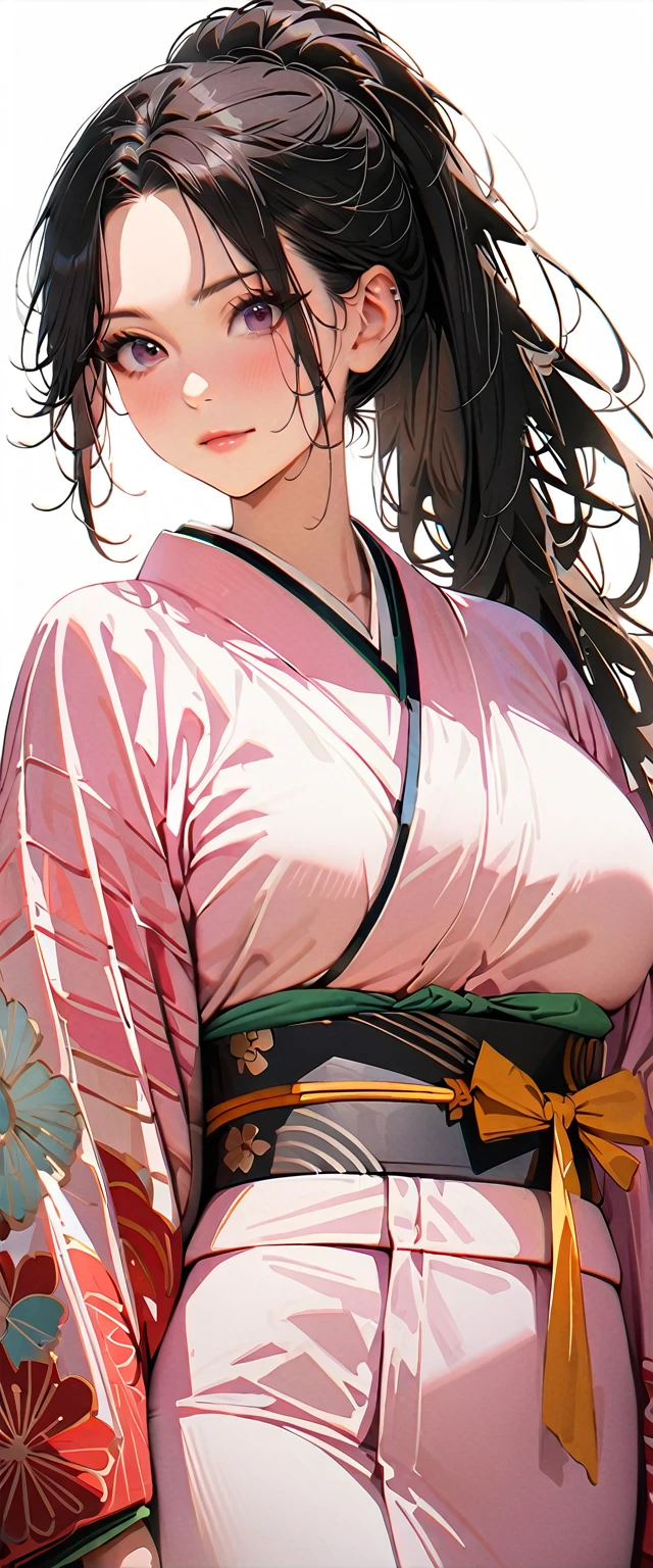20 years old,1 mature woman,hyperrealistic, 8k, (extremely detailed 8k), (very delicate and beautiful), (masterpiece), (better quality:1.0), (ultra high resolution:1.0), (masterpiece, best quality),cute,black hair,ponytail,cowboy shot,white background,realistic skin,kimono,model posing,big breasts