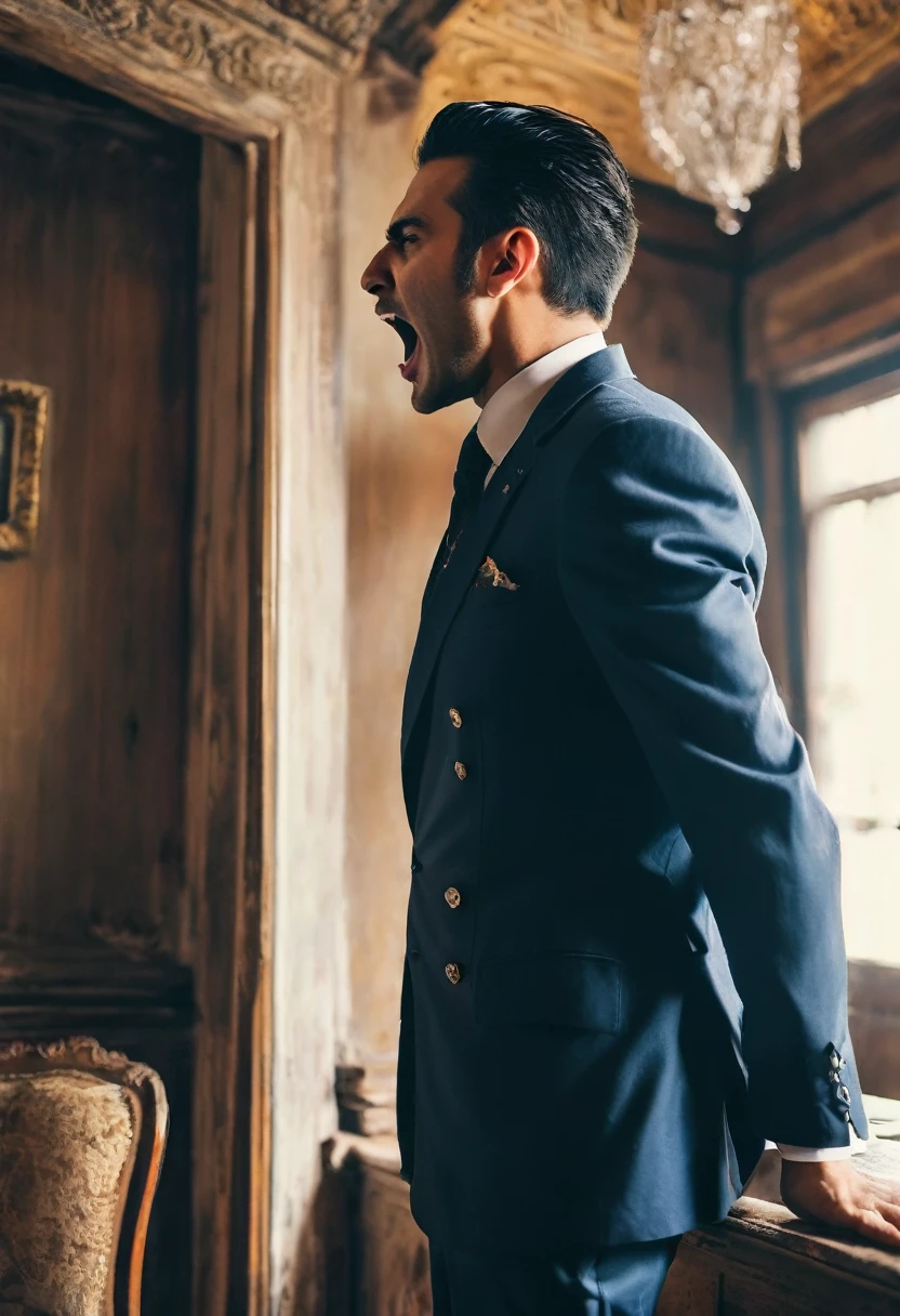 Mafia man standing and shouting side view in room