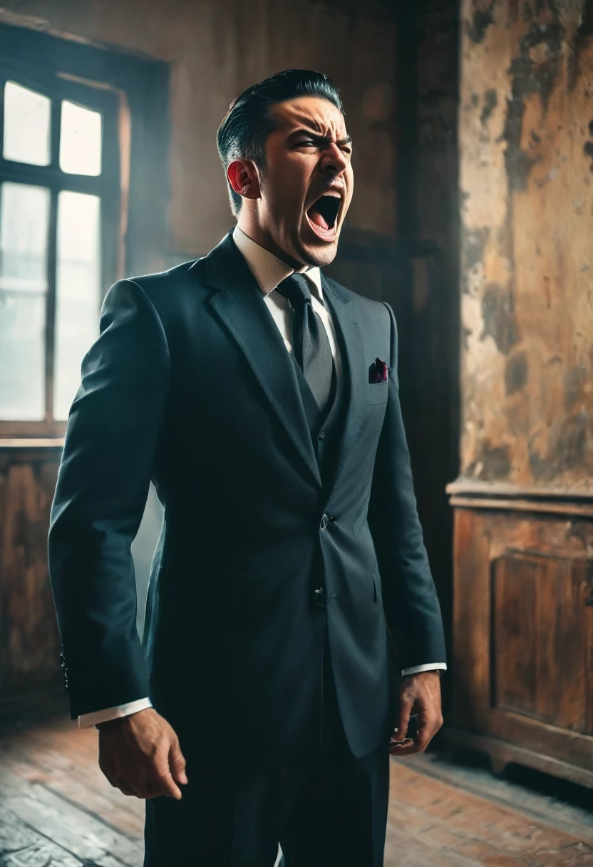 Mafia man standing and shouting side view in room
