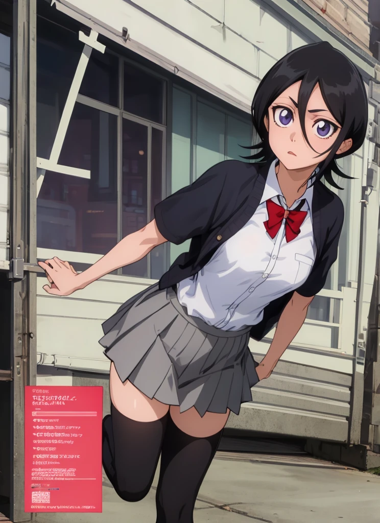 ((best quality)), ((highly detailed)), masterpiece, , (1girl), Perspective distortion, cowboy shot, ((wide shot)), Rukia, black hair, short hair, hair between eyes, purple eyes,  , white collared shirt, red bowtie, grey pleated skirt, socks, shoes, (outside, black thighhighs,medium breasts,looking viewer,leaning forward