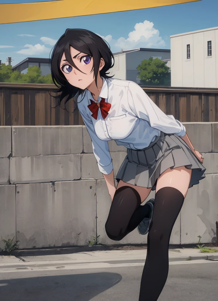 ((best quality)), ((highly detailed)), masterpiece, , (1girl), Perspective distortion, cowboy shot, ((wide shot)), Rukia, black hair, short hair, hair between eyes, purple eyes,  , white collared shirt, red bowtie, grey pleated skirt, socks, shoes, (outside, black thighhighs,medium breasts,looking viewer,leaning forward