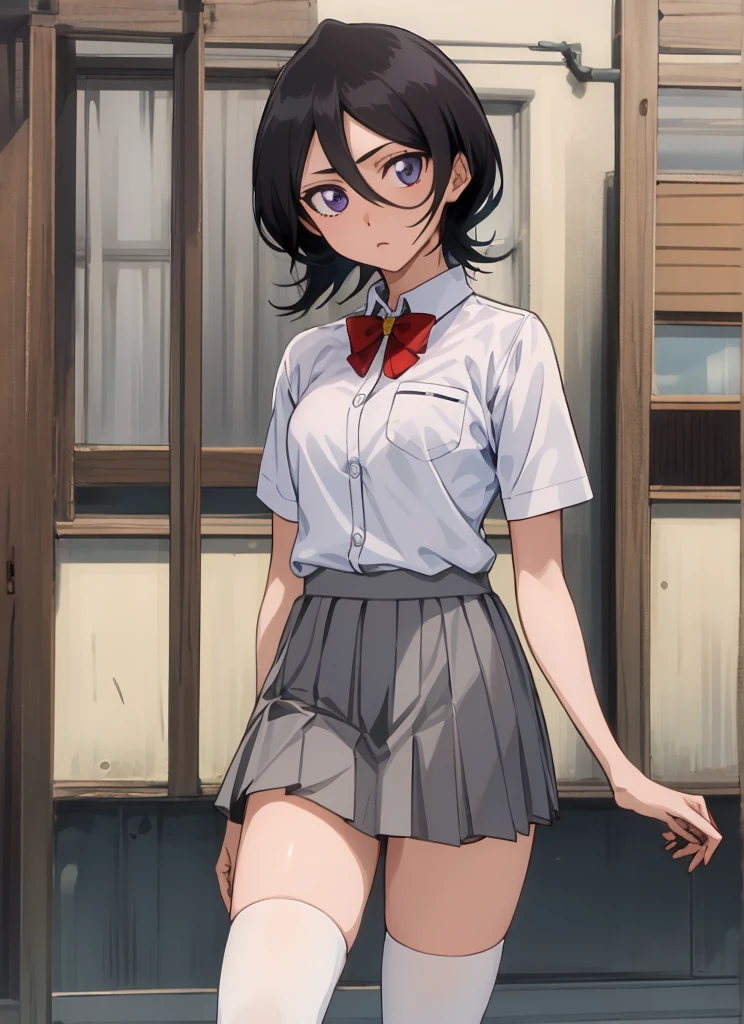 ((best quality)), ((highly detailed)), masterpiece, , (1girl), Perspective distortion, cowboy shot, ((wide shot)), Rukia, black hair, short hair, hair between eyes, purple eyes,  , white collared shirt, red bowtie, grey pleated skirt, socks, shoes, (outside, black thighhighs,medium breasts,looking viewer,leaning forward