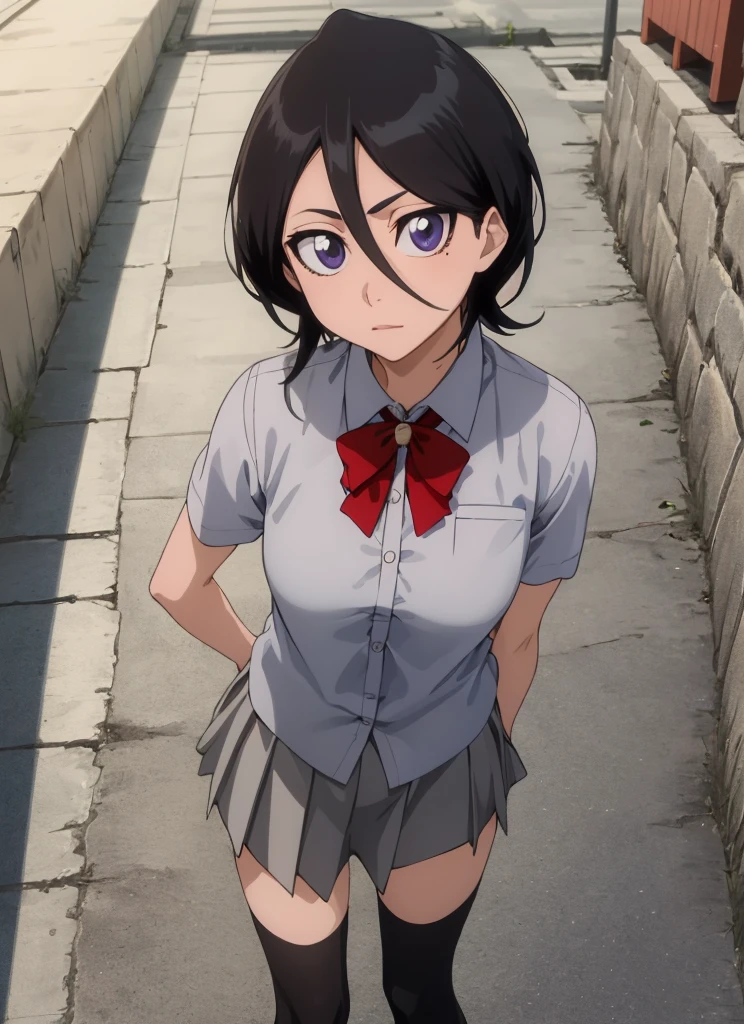 ((best quality)), ((highly detailed)), masterpiece, , (1girl), Perspective distortion, cowboy shot, ((wide shot)), Rukia, black hair, short hair, hair between eyes, purple eyes,  , white collared shirt, red bowtie, grey pleated skirt, socks, shoes, (outside, black thighhighs,medium breasts,looking viewer,leaning forward