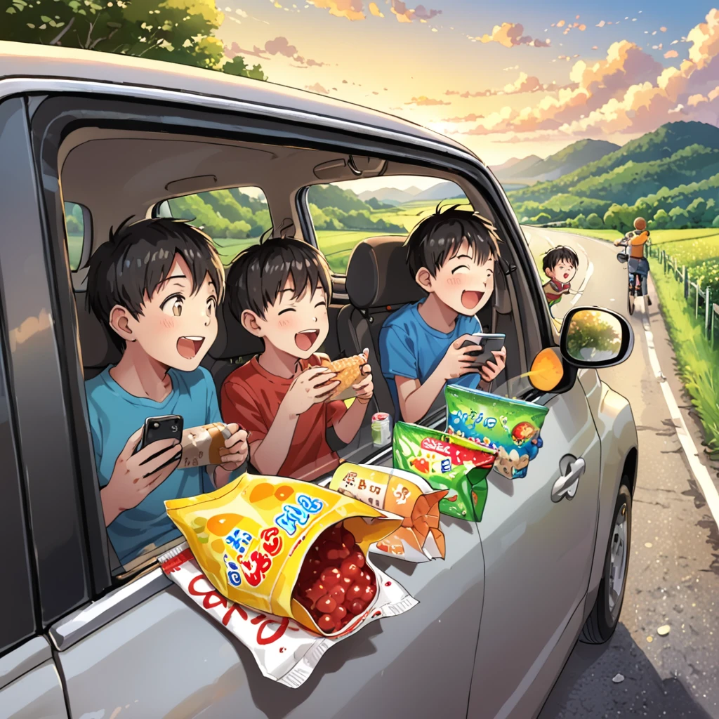 Five young boys driving。The car was filled with laughter.,They joked with each other,Enjoying the good times of youth。The boy in the driver's seat looks ahead intently,Hold the steering wheel firmly with both hands,Firmness and confidence revealed in the eyes。The boy in the passenger seat next to him was holding a map,Responsible for guiding direction,Sometimes I would clap along with the music in the car.。
The three boys in the back seat were more relaxed.,One leaning against the car window,Looking at the scenery outside,One took out his phone to take pictures of this journey.,A spread-out snack bag,Chat with others while eating。The music in the car changes volume with the ups and downs of the road.,Everyone is enjoying this wonderful and happy time