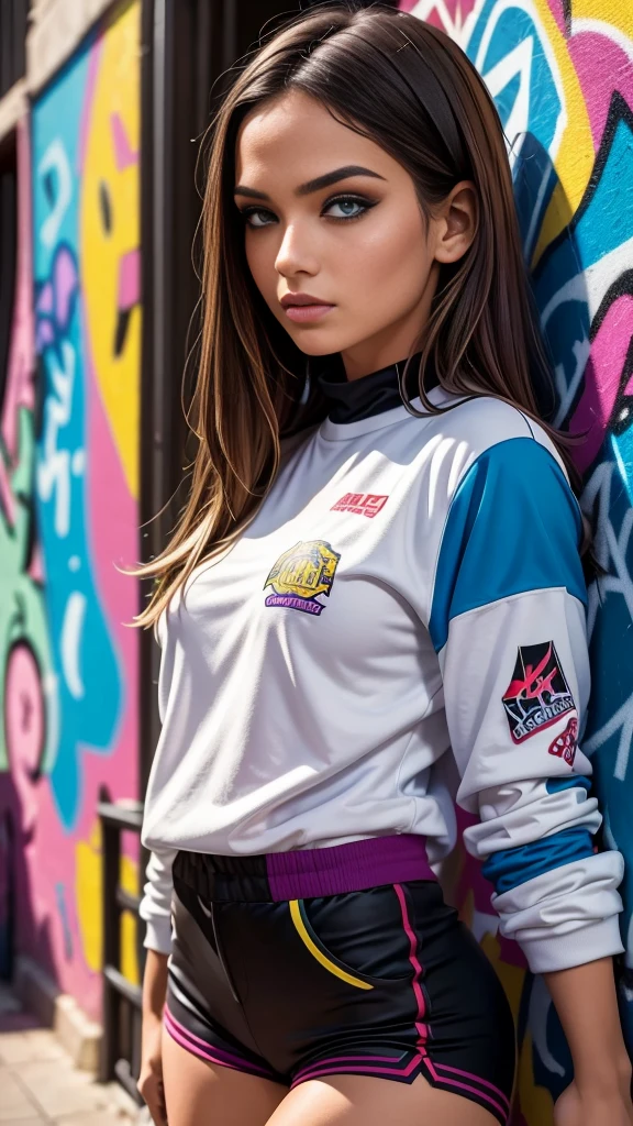 (best quality), masterpiece, extremely detailed CG uniform 8K illustration, high color, extremely high color saturation, all colors deepened, paint, graffiti art, center composition, extremely detailed light and shadow, graffiti wall, wall painted bright, 1 girl graffiti 1 girl looking at the wall, extremely detailed face and eyes, medium length hair, sportswear, colored clouds