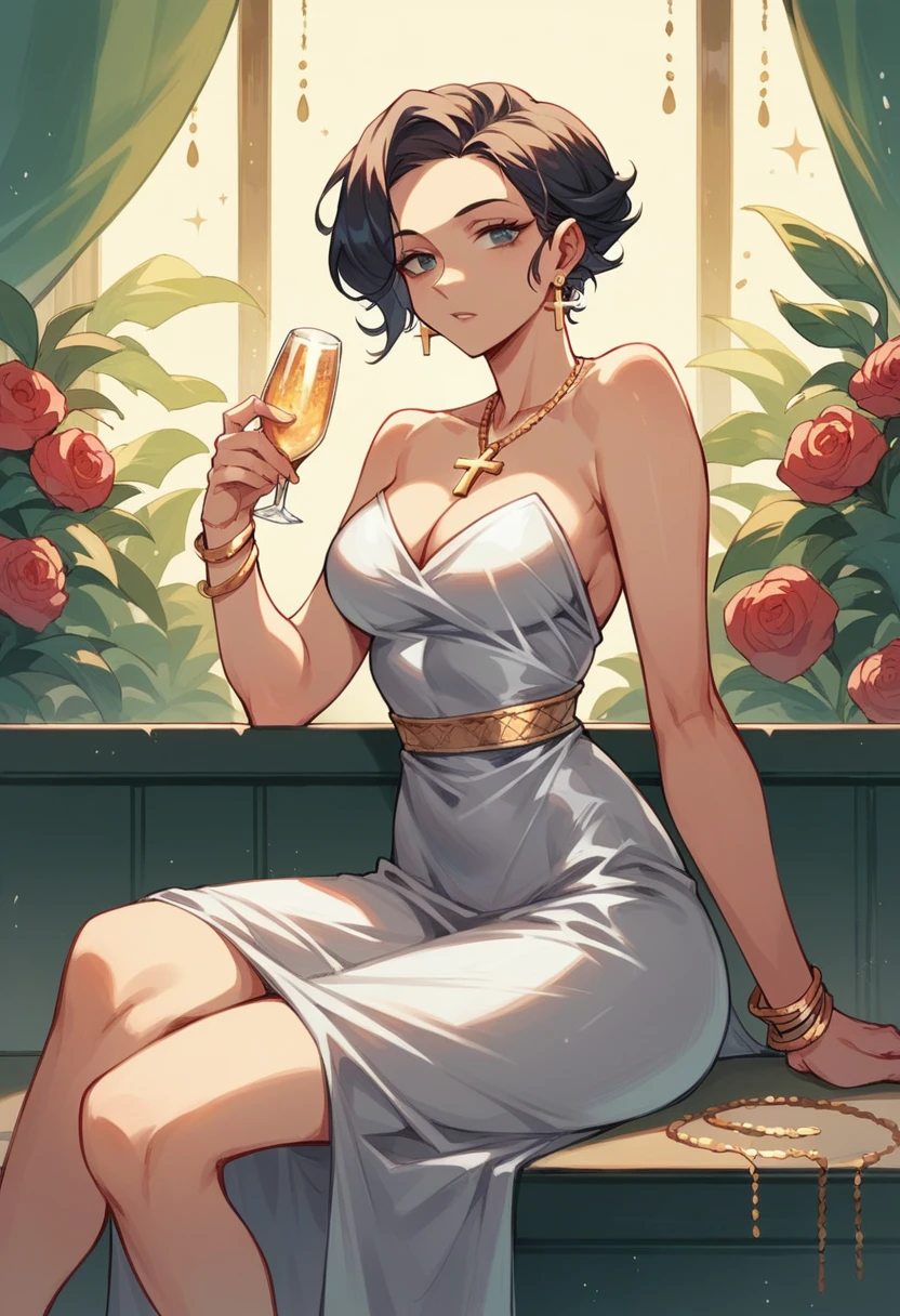 rich woman, silver dress, gold earrings, gold cross necklace, 20 years old, tall, short black hair, drinking glass in hand, at the prom party, sitting, 8K