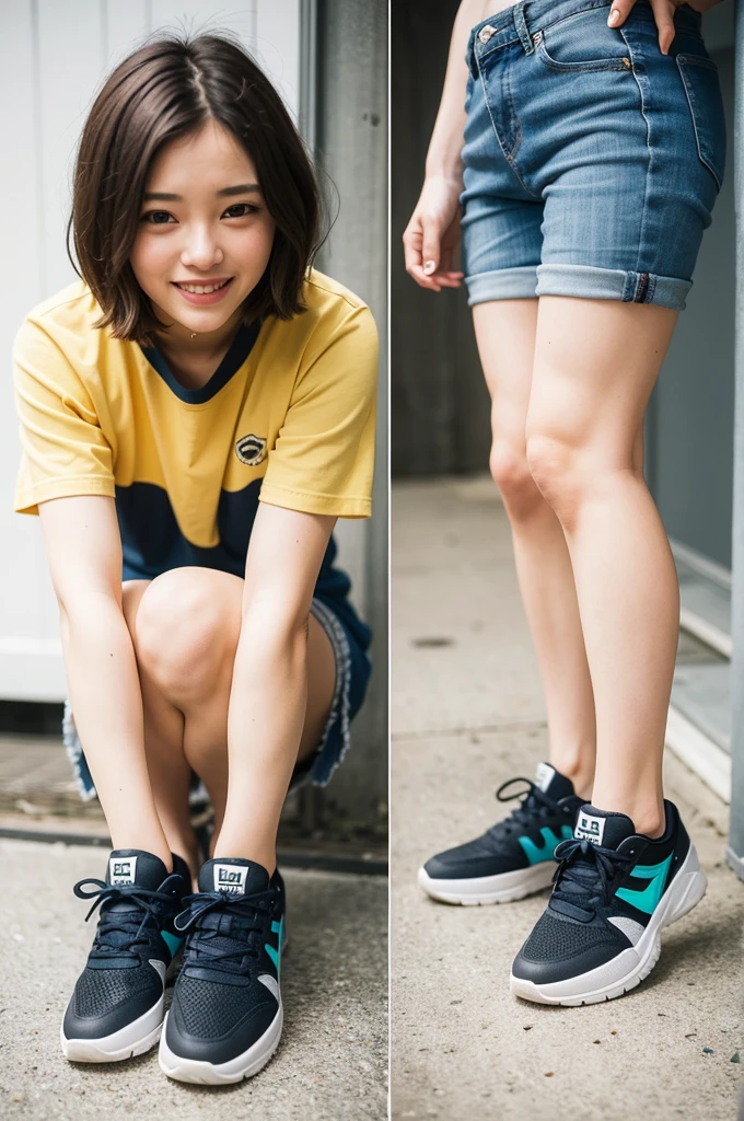 Top quality, 1 beautiful woman, super short Hair, gold hair, shy-smile, fullbody, sneaker