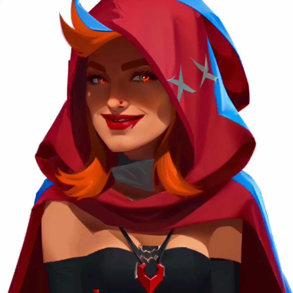 a close up of a cartoon character with a red cape, red hooded mage, thief red riding hood, evil sorceress witch, supervillain sorceress witch, epic mage girl character, evil sorceress, red hoods, dark witch character, sorceress woman, hood and cape, dark fox mage, long torn red cape, red cape