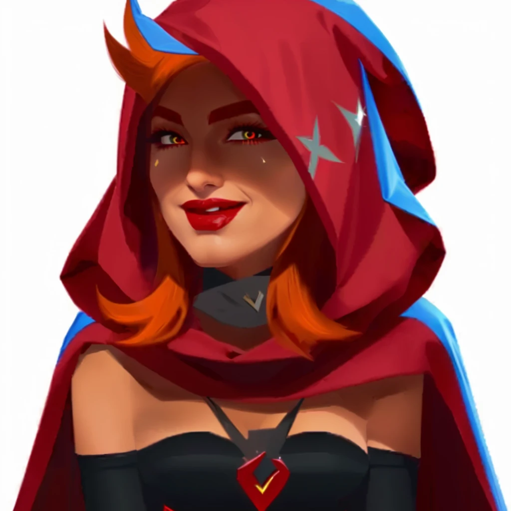 a close up of a cartoon character with a red cape, red hooded mage, thief red riding hood, evil sorceress witch, supervillain sorceress witch, epic mage girl character, evil sorceress, red hoods, dark witch character, sorceress woman, hood and cape, dark fox mage, long torn red cape, red cape