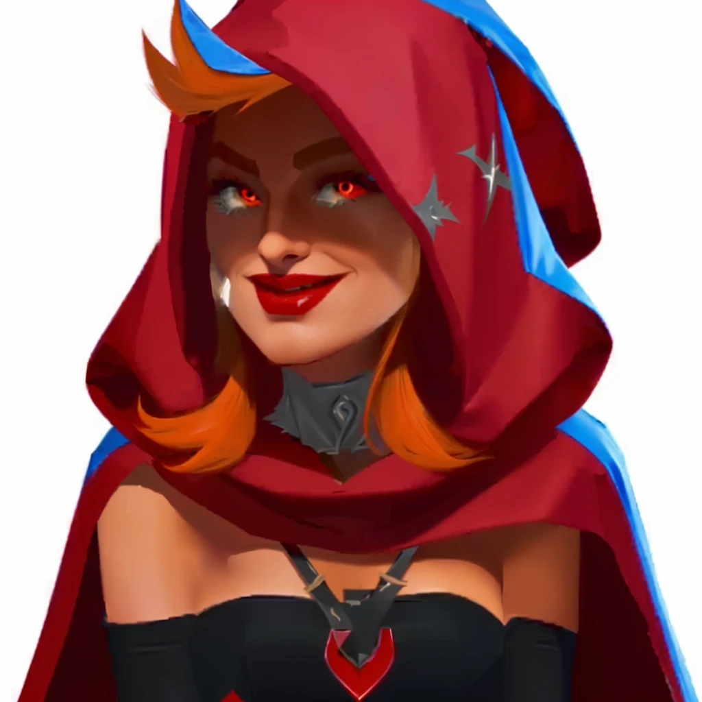 a close up of a cartoon character with a red cape, red hooded mage, thief red riding hood, evil sorceress witch, supervillain sorceress witch, epic mage girl character, evil sorceress, red hoods, dark witch character, sorceress woman, hood and cape, dark fox mage, long torn red cape, red cape