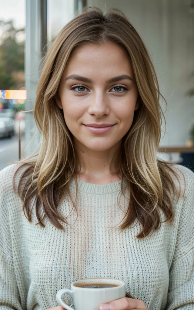 realistic, photorealistic, raw photo, 8K detailed skin, natural skin texture, realistic skin texture, picture-perfect face, film grain, HDR, high quality shadow, perfect anatomy, perfect symmetry:1.2, perfect face, happy, confident, soft lighting, depth of field, bokeh, ultra-high resolution, cinematic lighting, sharp focus, realistic hair strands, subtle facial expressions, vibrant colors, 85mm lens, telephoto,beautiful blonde wearing beige sweater (sipping coffee inside a modern café at sunset), very detailed, 21 years old, innocent face, natural wavy hair, blue eyes, high resolution, masterpiece, best quality, intricate details, highly detailed, sharp focus, detailed skin, realistic skin texture, texture, detailed eyes, professional, 4k, charming smile, shot on Canon, 85mm, shallow depth of field, kodak vision color, perfect fit body, extremely detailed, foto_\(ultra\), photorealistic, realistic, post-processing, maximum detail, roughness, real life, ultra realistic, photorealism, photography, 8k uhd, photography