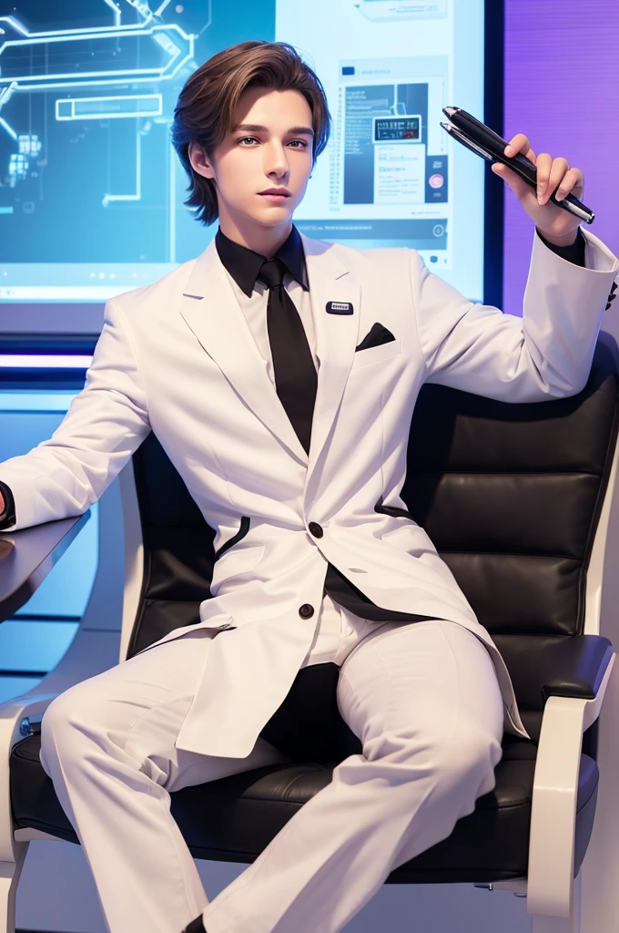 handsome young man
Good looking guy
Light brown hair, almost white
Purple Eyes
Cyber Systems Laboratory
Laboratory of the Future
Researchers
white coat
bites with a pen in her right hand
Illustration
cartoon style
Sitting
Luxurious black chair