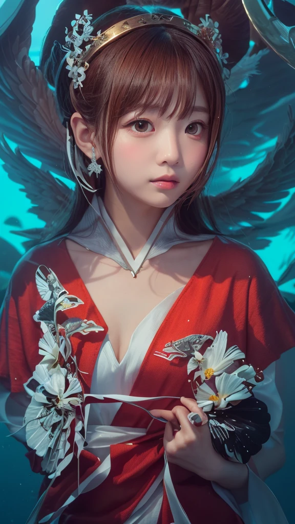 2. **Angel of the Undersea**：
   - "In the quiet world of the deep sea、With golden wings on his back、Sea flowers on head々Picture an angel wearing a crown made of silver swimming gracefully among the coral reefs.。Draw a detailed picture of how the light from the feathers and corolla casts a fantastic glow on the water.。"