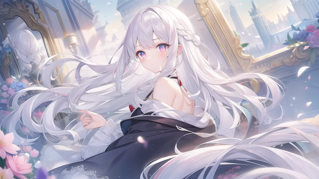 ((masterpiece, best quality))++, Detailed lighting+,  Detailed hair+, Detail hand+ ,1 girl, Miss, Long hair,   Crimson eyes,  beautiful eyes, young white hair,,(Beautiful white hair:1.5),(Beautiful and delicate eyes),  high resolution+,glass tint, Reflective eyes,   {{angle}} , Very detailed wallpaper, The original, ,Sea of Flowers，Air bangs，city road，Extremely beautiful CG，image size 16:9