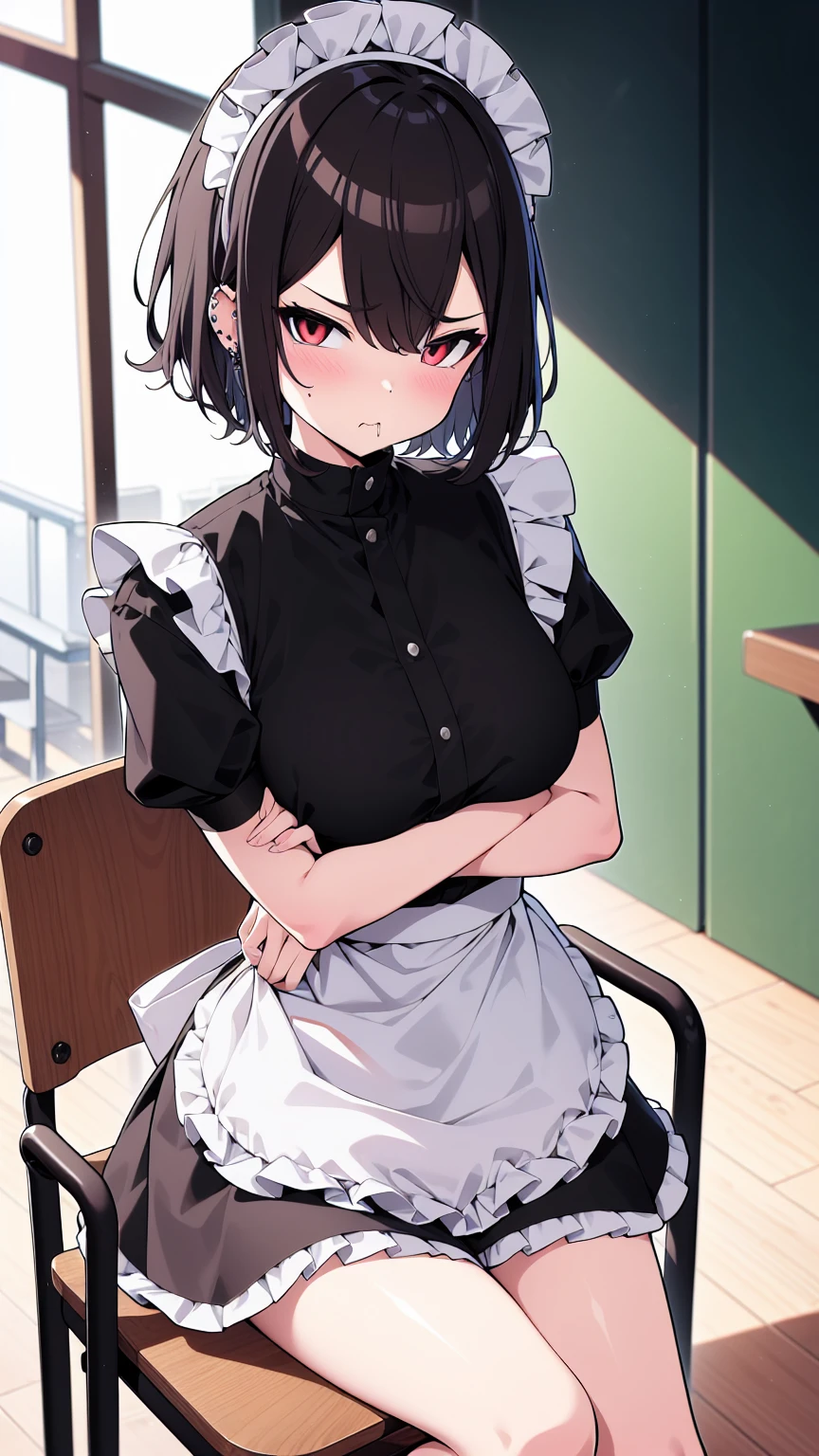 (cowboy shot),(ultra-high resolution, depth of field:1.2),Zenless Zone Zero,(Elen Joe:1.1),1woman,mature,black hair,short hair,inner color hair,(red eyes),medium breasts,crossed arms,maid dress,shark tail,maid apron,maid headdress,piercing,short sleeves,in classroom,sitting,sit in a chair,skirt lift,skirt hold,(((disgust,disgusted)))