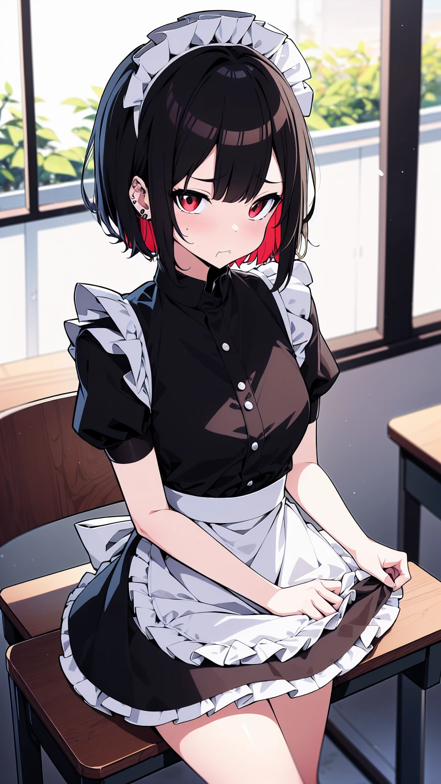(cowboy shot),(ultra-high resolution, depth of field:1.2),Zenless Zone Zero,(Elen Joe:1.1),1woman,mature,black hair,short hair,inner color hair,(red eyes),medium breasts,crossed arms,maid dress,shark tail,maid apron,maid headdress,piercing,short sleeves,in classroom,sitting,sit in a chair,skirt lift,skirt hold,(((disgust,disgusted)))