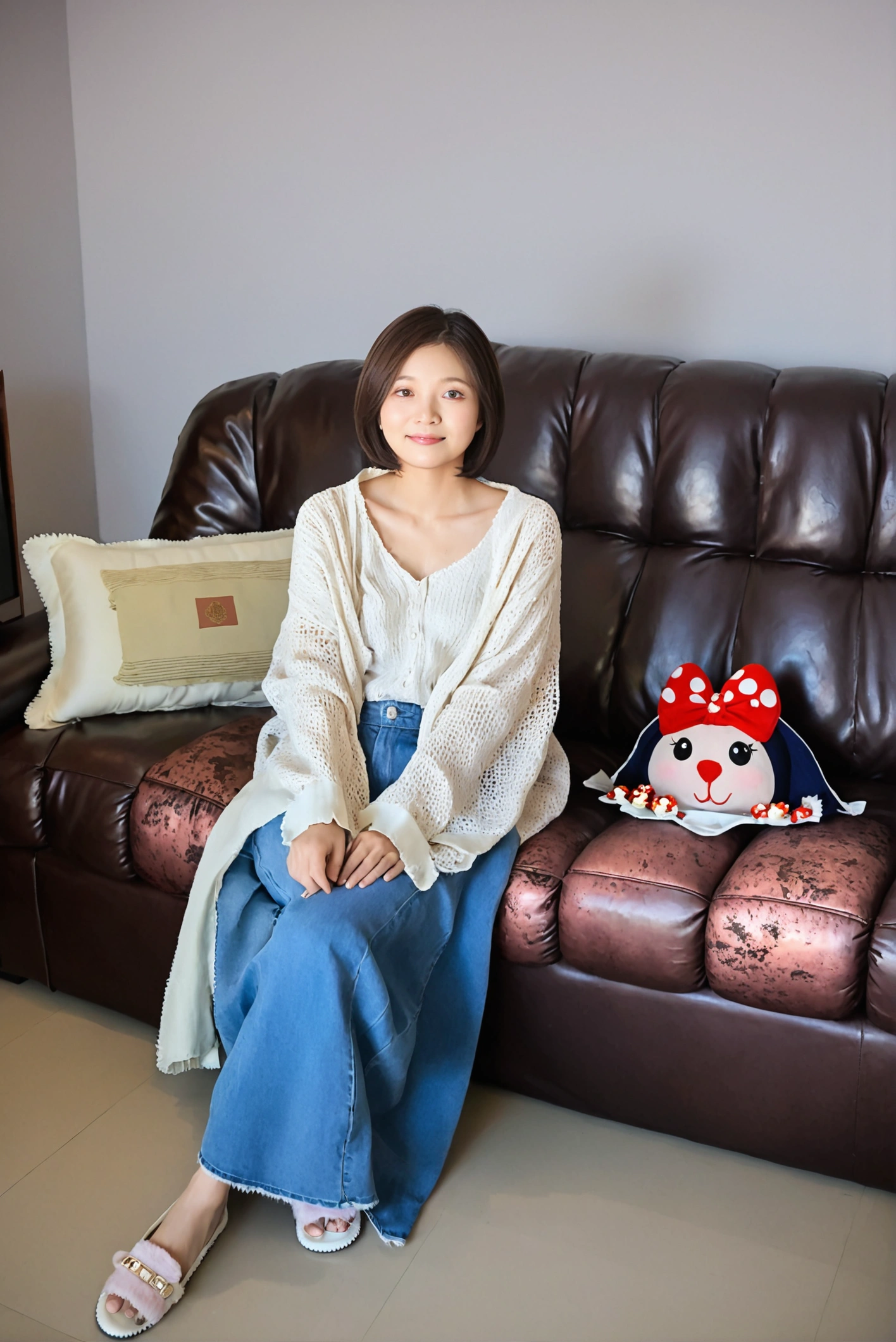 Beautiful Korean Woman , 32 inch chest size, Your eyes are big and pretty. Wearing a high-end luxury brand blouse and cardigan, Casual jeans, short medium hair, Smile. sit on the sofa , uhd