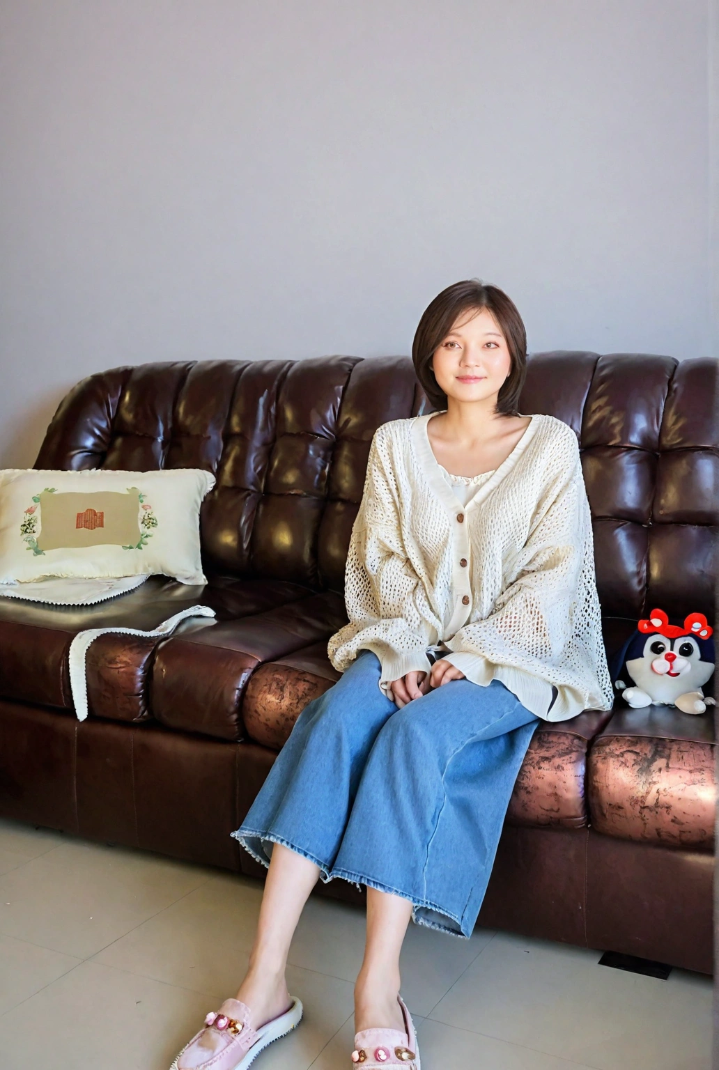 Beautiful Korean Woman , 32 inch chest size, Your eyes are big and pretty. Wearing a high-end luxury brand blouse and cardigan, Casual jeans, short medium hair, Smile. sit on the sofa , uhd