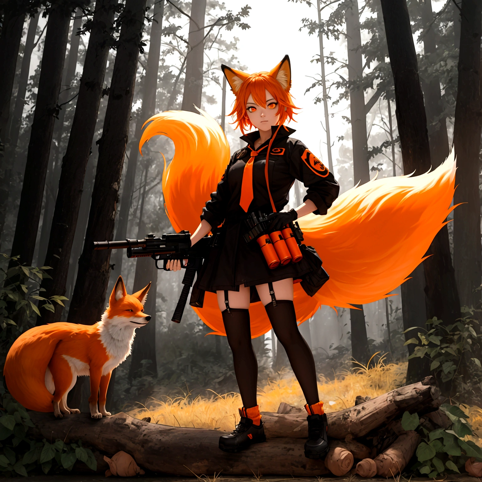 One girl, Short, messy hair with orange flames, Bright orange flaming hair, light orange oversized fox Foodie, fox Foodie, Foodie, Bright orange flame tail、Black gloves, Possession of a gun, In the Forest, Scouting, Orange eyes, Enthusiastic, Severe, Have a weapon, Black Ear, holding Shotgun, Shotgun, bullet, photograph, explosion, Black medium socks, big Foodie, Food, fox Food