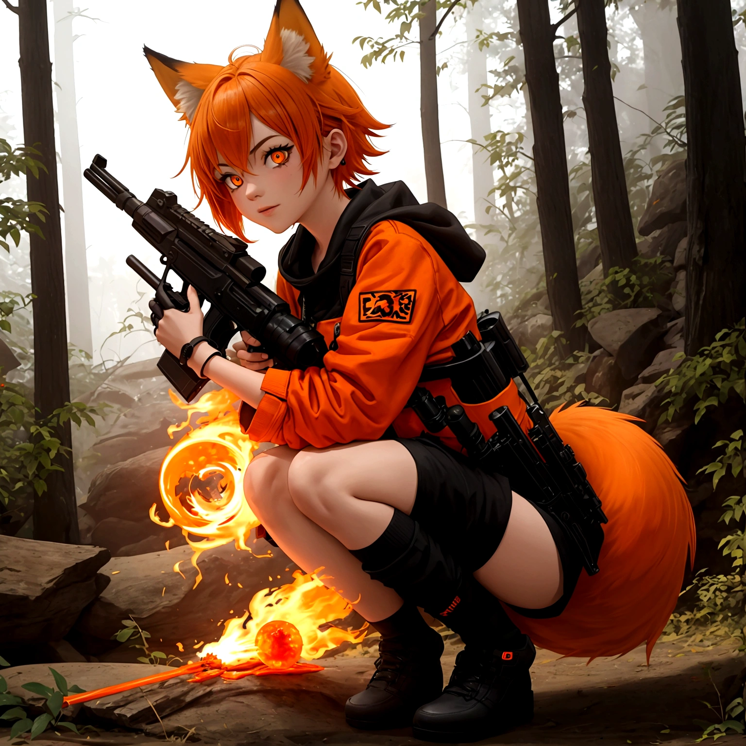 One girl, Short, messy hair with orange flames, Bright orange flaming hair, light orange oversized fox Foodie, fox Foodie, Foodie, Bright orange flame tail、Black gloves, Possession of a gun, In the Forest, Scouting, Orange eyes, Enthusiastic, Severe, Have a weapon, Black Ear, holding Shotgun, Shotgun, bullet, photograph, explosion, Black medium socks, big Foodie, Food, fox Food