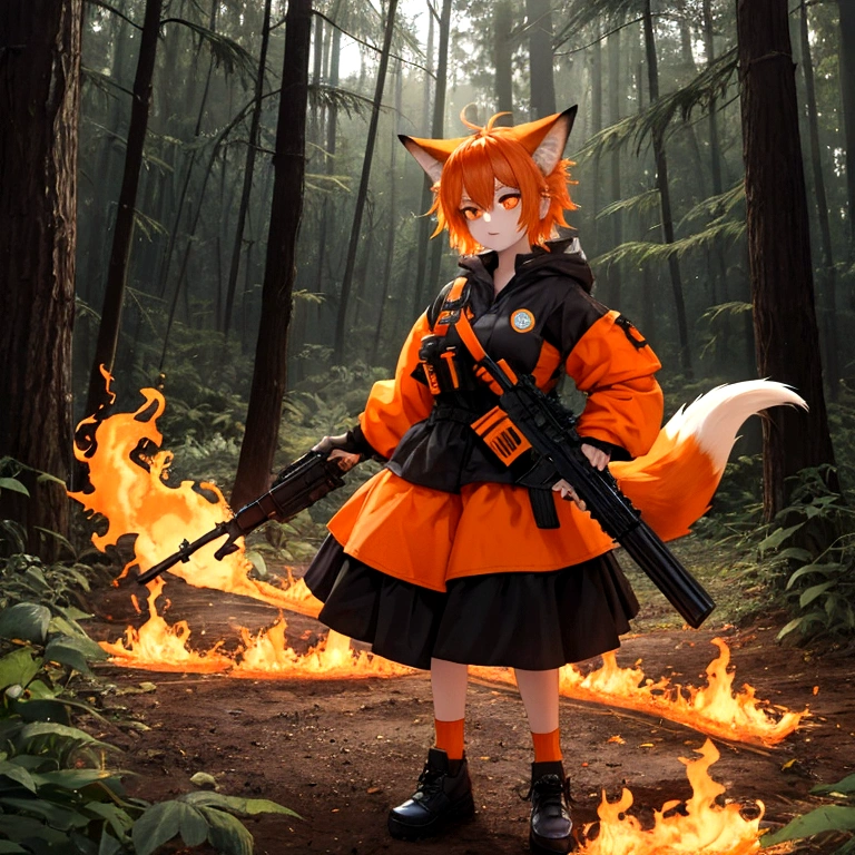 One girl, Short, messy hair with orange flames, Bright orange flaming hair, light orange oversized fox Foodie, fox Foodie, Foodie, Bright orange flame tail、Black gloves, Possession of a gun, In the Forest, Scouting, Orange eyes, Enthusiastic, Severe, Have a weapon, Black Ear, holding Shotgun, Shotgun, bullet, photograph, explosion, Black medium socks, big Foodie, Food, fox Food