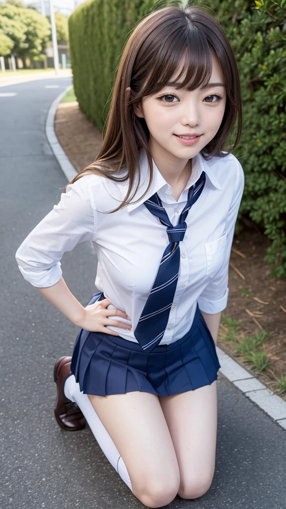 Full body angle, ((school uniform)), one woman, 30 years old, large blests, Japanese, Shiraishi Mai, Nishino Nanase, Kitagawa Keiko, married woman, beautiful woman, pretty face, cute face, refreshing and natural smile