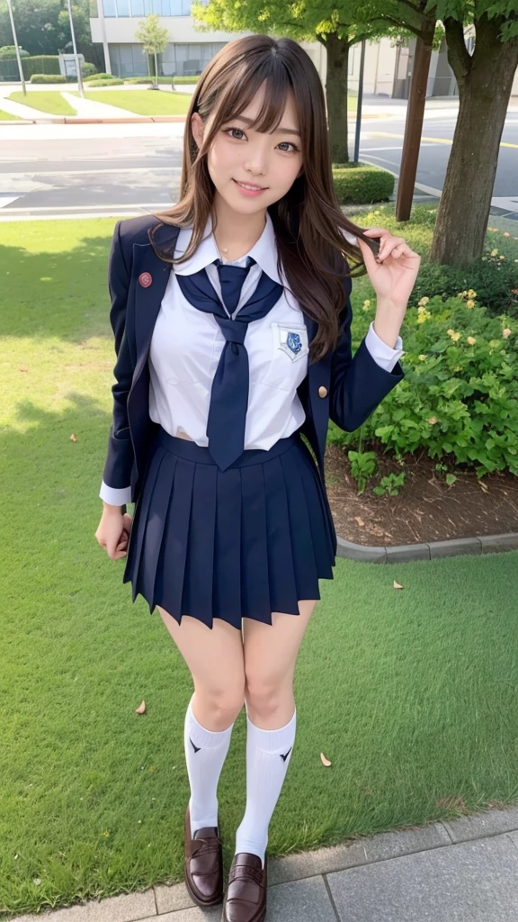 Full body angle, ((school uniform)), one woman, 30 years old, large blests, Japanese, Shiraishi Mai, Nishino Nanase, Kitagawa Keiko, married woman, beautiful woman, pretty face, cute face, refreshing and natural smile