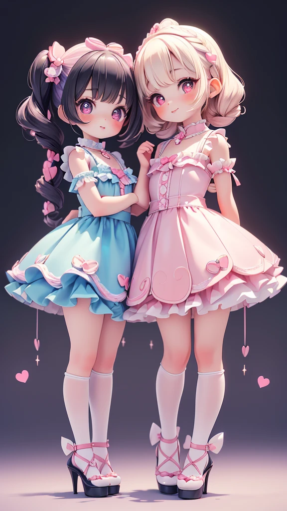 (((yuri, lesbian kiss))), ((petite bishojo, little 2girls)), ((cute face)), ((cute puffy eyes)), ((masterpiece)), ((best quality)), ((ultra detailed)), ((exquisite)), ((depth)), ((crisp)), ((8k)), ((beautiful and aesthetic)), (super detailed skin), ((high standard)), ((highres)), ((perfect anatomy)), (full body), (blush), (rouge), (wuv, cutesy dolly)