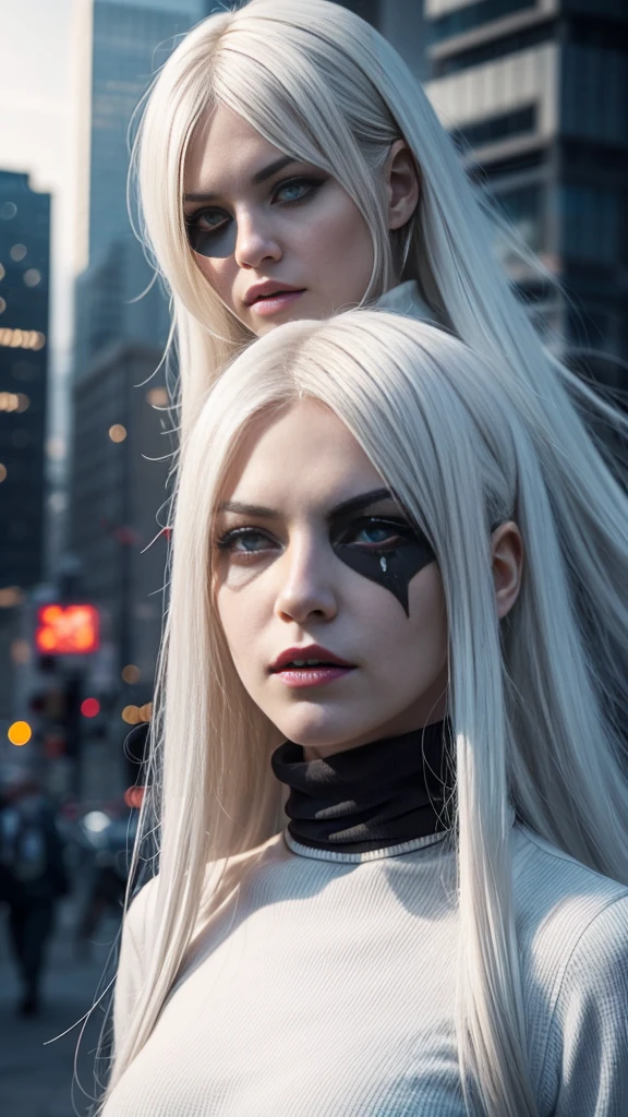 1girl, (solo), anime girl with long white hair and red eyes, girl with white hair, girl in white turtleneck, ((eyepatch)), pointed ears, ((vampire)), smirk, smug, closed mouth, cowboy shot, perfect white haired girl, white haired deity, digital cyberpunk anime art, turtleneck, lens flare, ((dramatic lighting)), soft glowing red eyes, extremely detailed, masterpiece, looking at viewer, city in background, (night)
