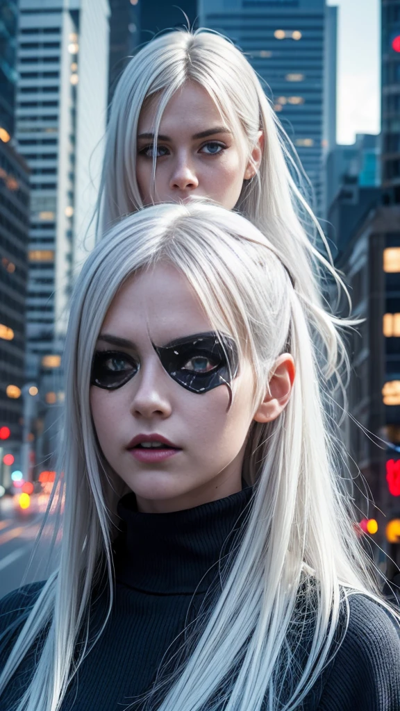 1girl, (solo), anime girl with long white hair and red eyes, girl with white hair, girl in white turtleneck, ((eyepatch)), pointed ears, ((vampire)), smirk, smug, closed mouth, cowboy shot, perfect white haired girl, white haired deity, digital cyberpunk anime art, turtleneck, lens flare, ((dramatic lighting)), soft glowing red eyes, extremely detailed, masterpiece, looking at viewer, city in background, (night)