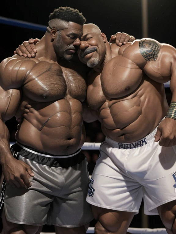Hyperrealistic image of a gray haired African American boxer superhero kissing with very sweaty extremely old rival, more than 80 years, very muscular and fat, more than 200 kilos, with a bare torso, large and flaccid pectorals, brown nipples and large gray mustaches with huge arms. tattooed in a boxing ring with satin shorts